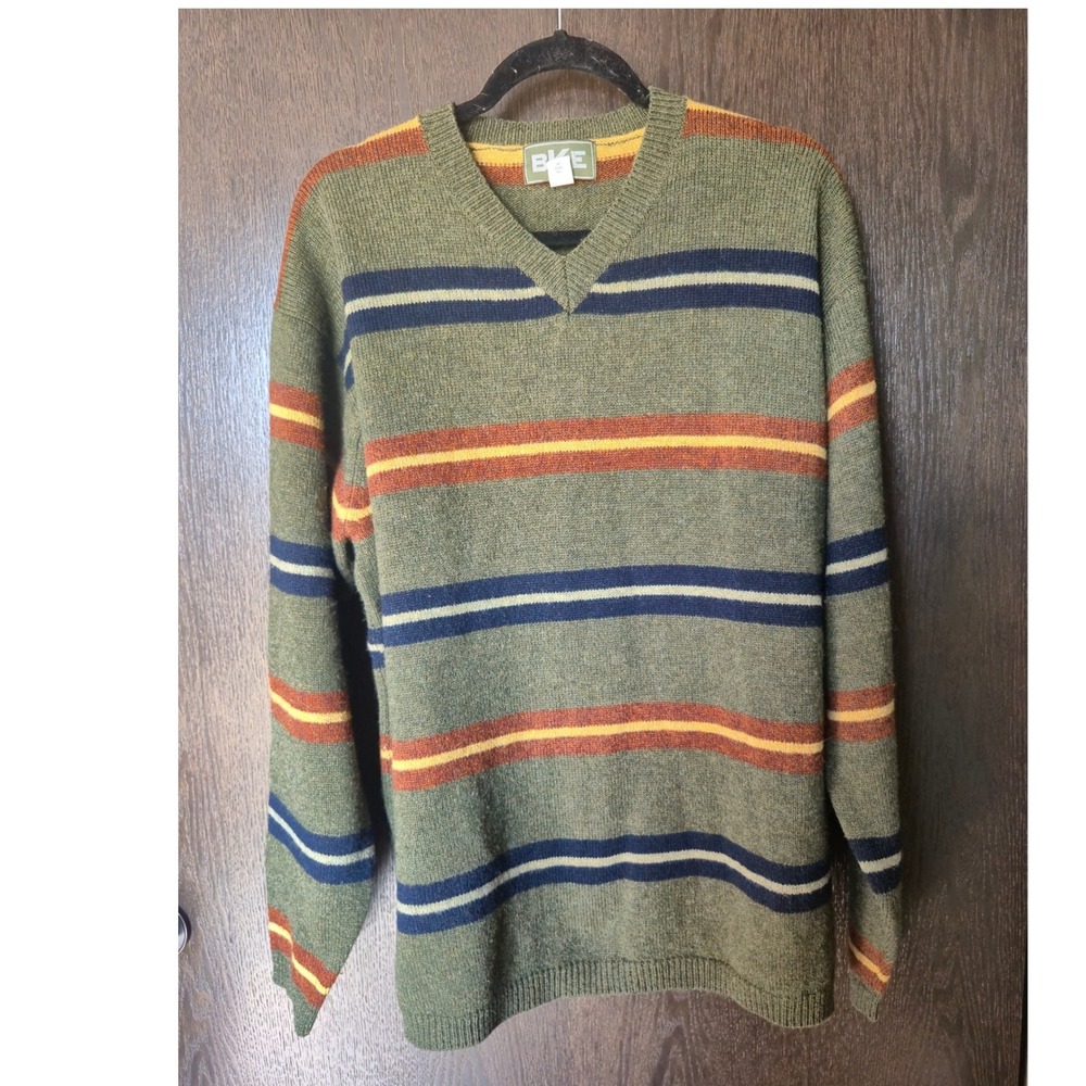 BKE Vintage Mens XL 100%‎ Wool Striped Crewneck Sweater Olive Green Earth Tones